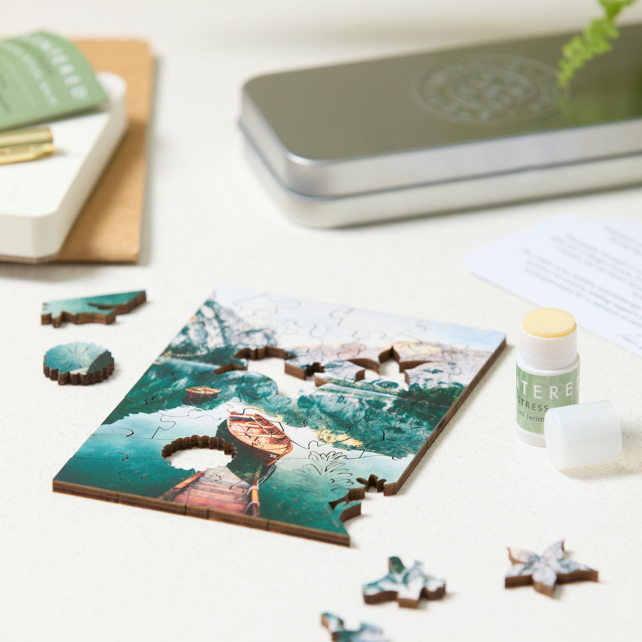 The Aromatherapy stress relief balm offers instant relaxation, while the puzzle engages your mind and focus