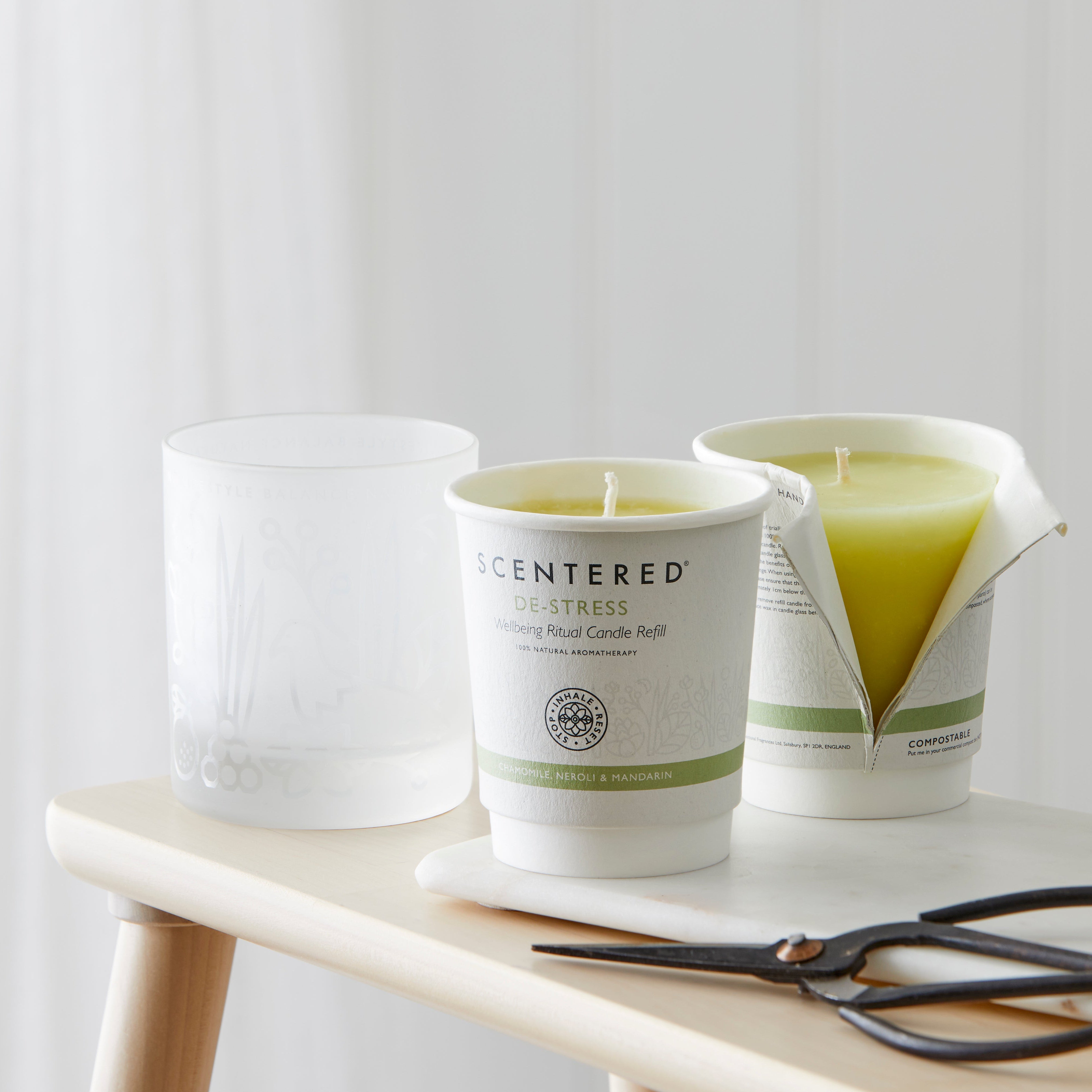 offer the 100% natural, vegan friendly De-stress Refill candle but to be honest we did have challenges with the new hard wax base we needed to use to create these candles meaning that they don’t always burn evenly. They still provide the same room filling fragrant punch and any remaining wax can be used as a wax melt so no waste