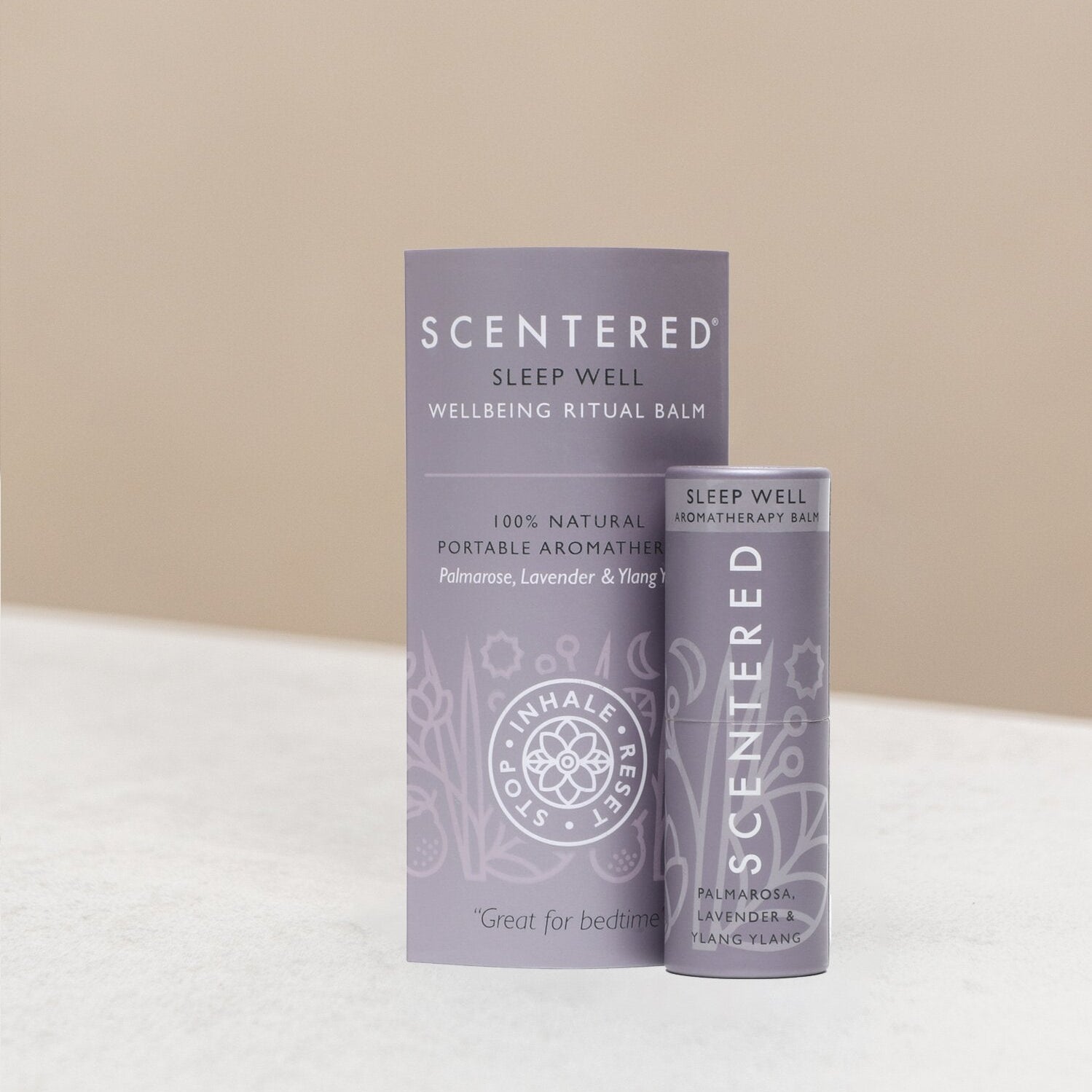 Scentered Sleep Well balm and packaging on display.