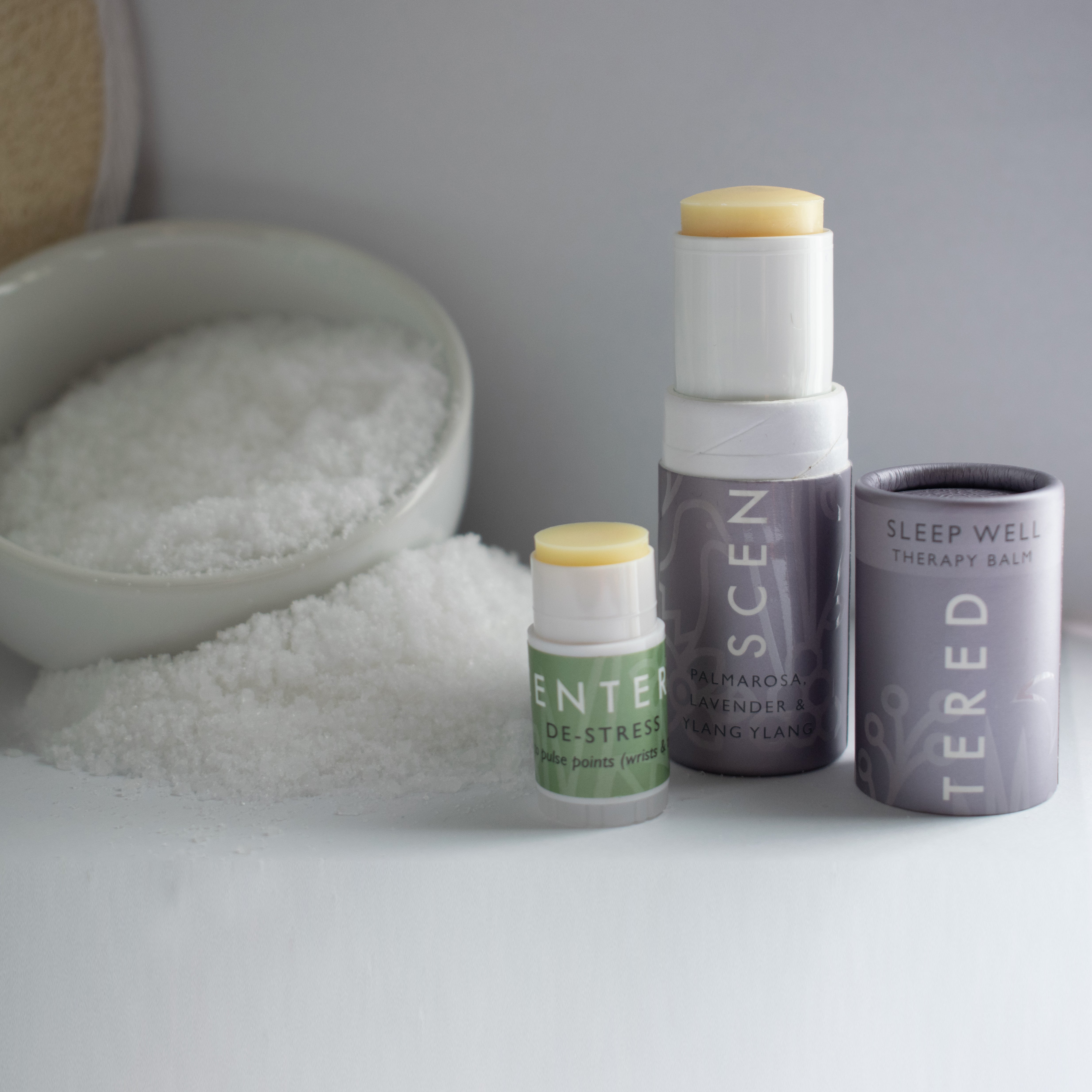 Luxurious Scentered bath set with hair care essentials, natural bath salts, and calming aromatherapy balms.
