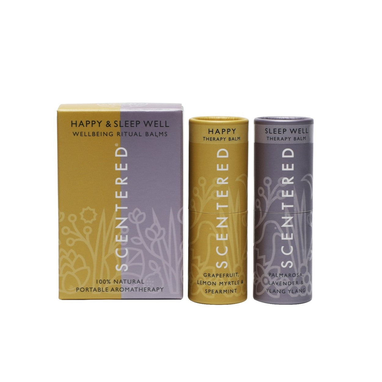 Scentered Happy and Sleep Well Aromatherapy Balms with packaging on a white background, find your daily dose of happiness with our Happy Aromatherapy Balm, perfect for a mental pick-me-up. Find your calm before bedtime with our stress-relief balm, tailored for sleep and relaxation.