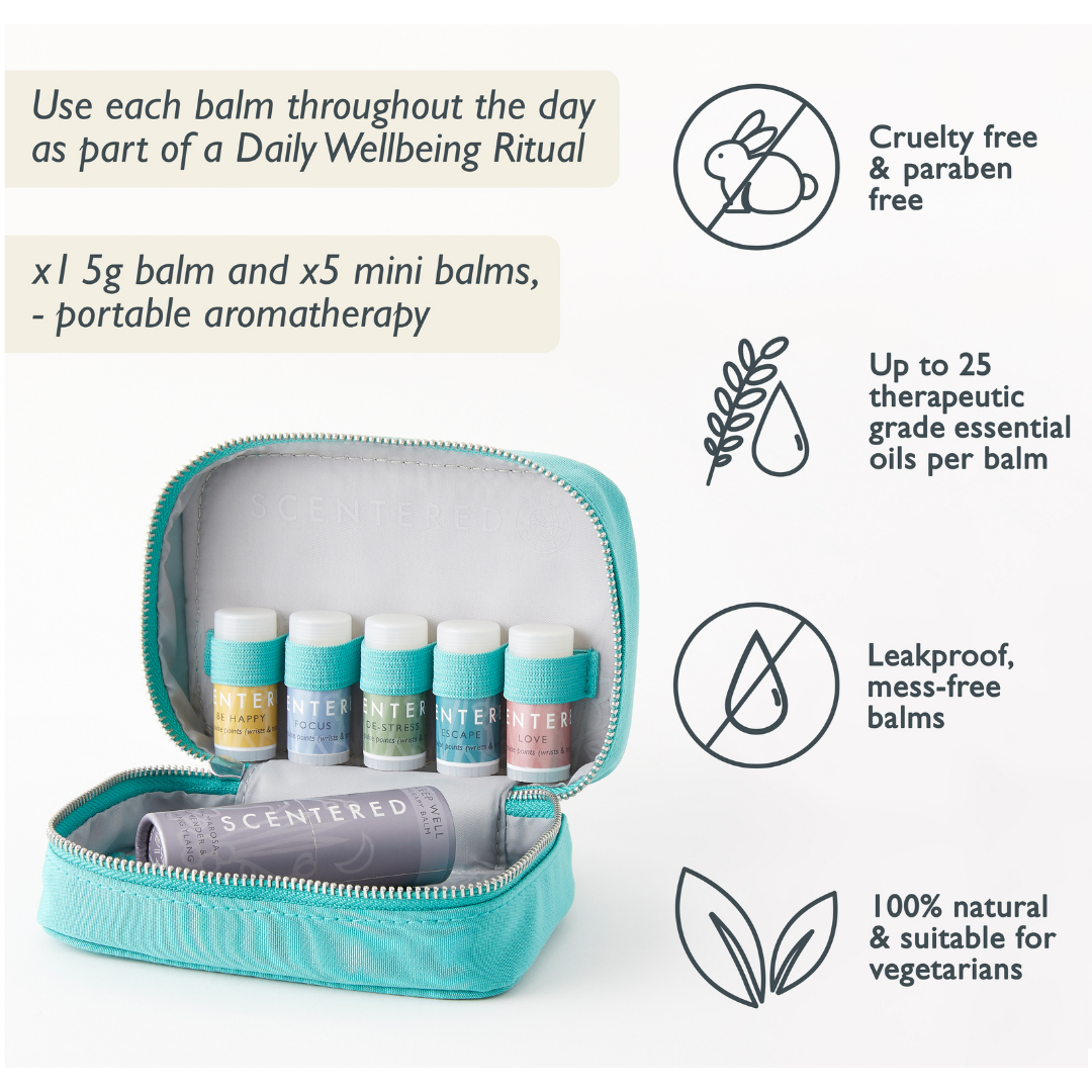 Scentered Daily Ritual Collection contents, directions and main features: x1 5g balm and x5 mini balms, portable aromatherapy; Use each balm throughout the day as part of a Daily Wellbeing Ritual; Cruelty free & paraben free, Up to 25 therapeutic grade essential oils per balms, Leakproof mess-free balms, 100% natural & suitable for vegetarians