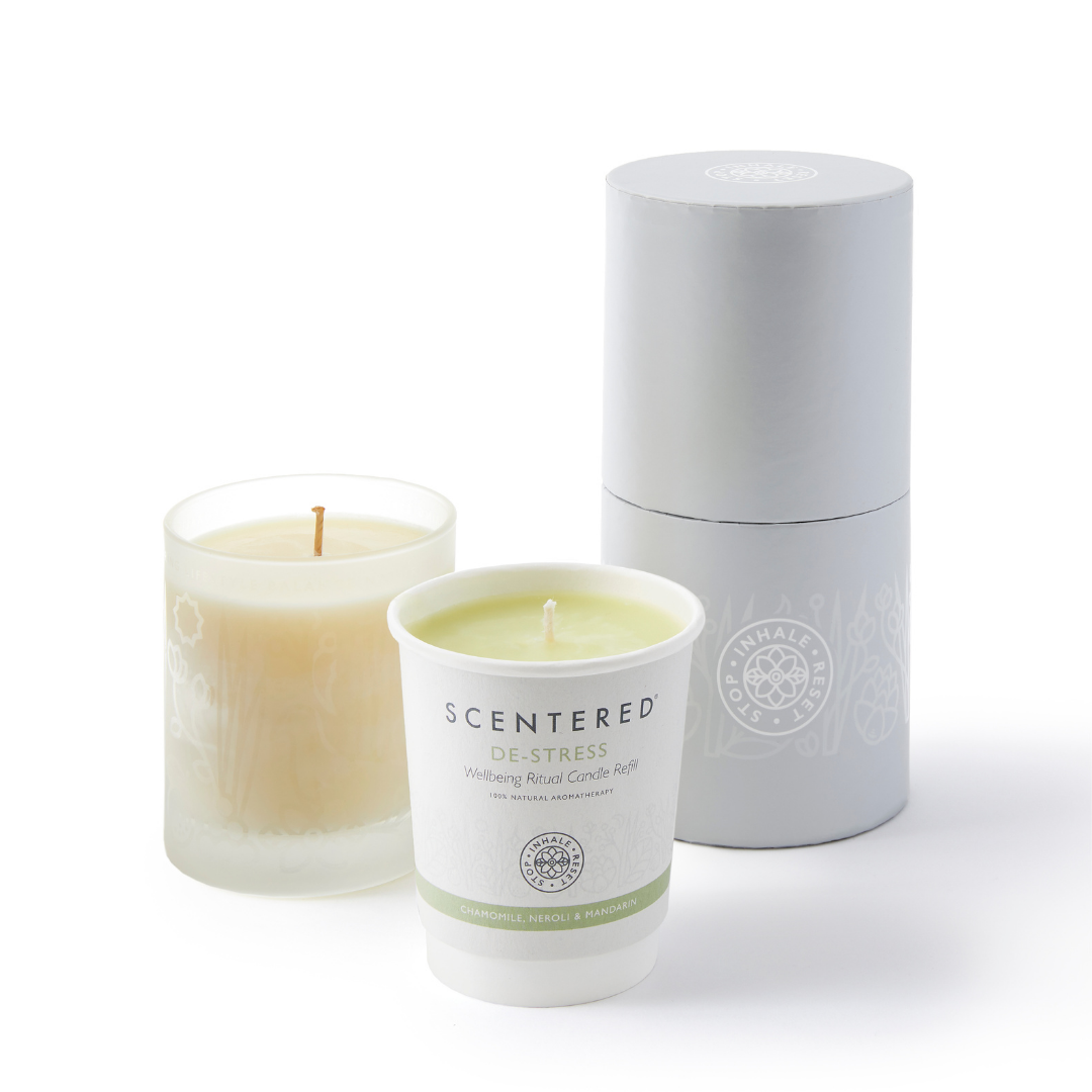 De-stress Home Candle & Refill with contents on white background. Calming Candle with Essential Oils - Ideal for Stress Management.