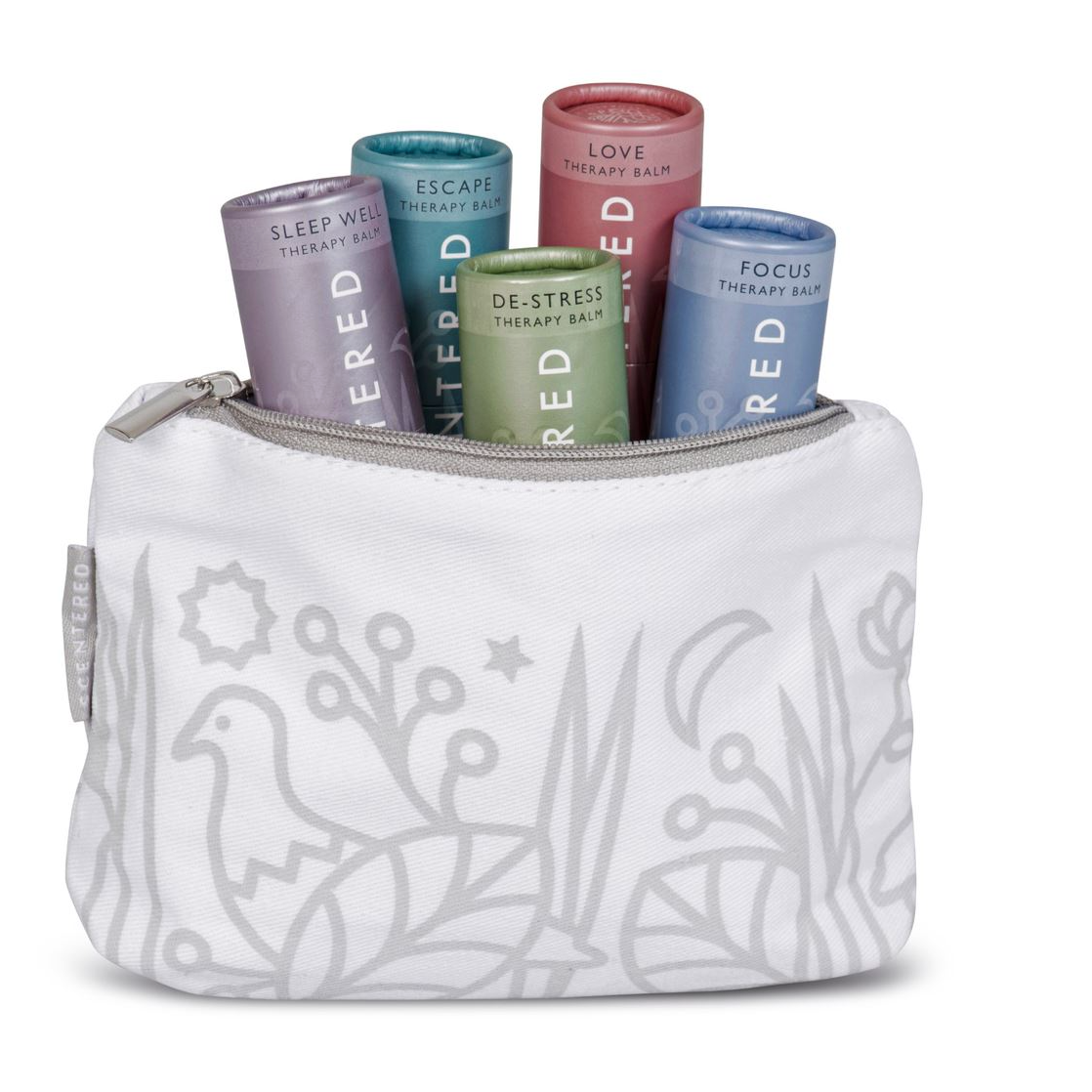 Scentered White Travel Pouch with five Scentered aromatherapy balms inside on white background (balms not included)