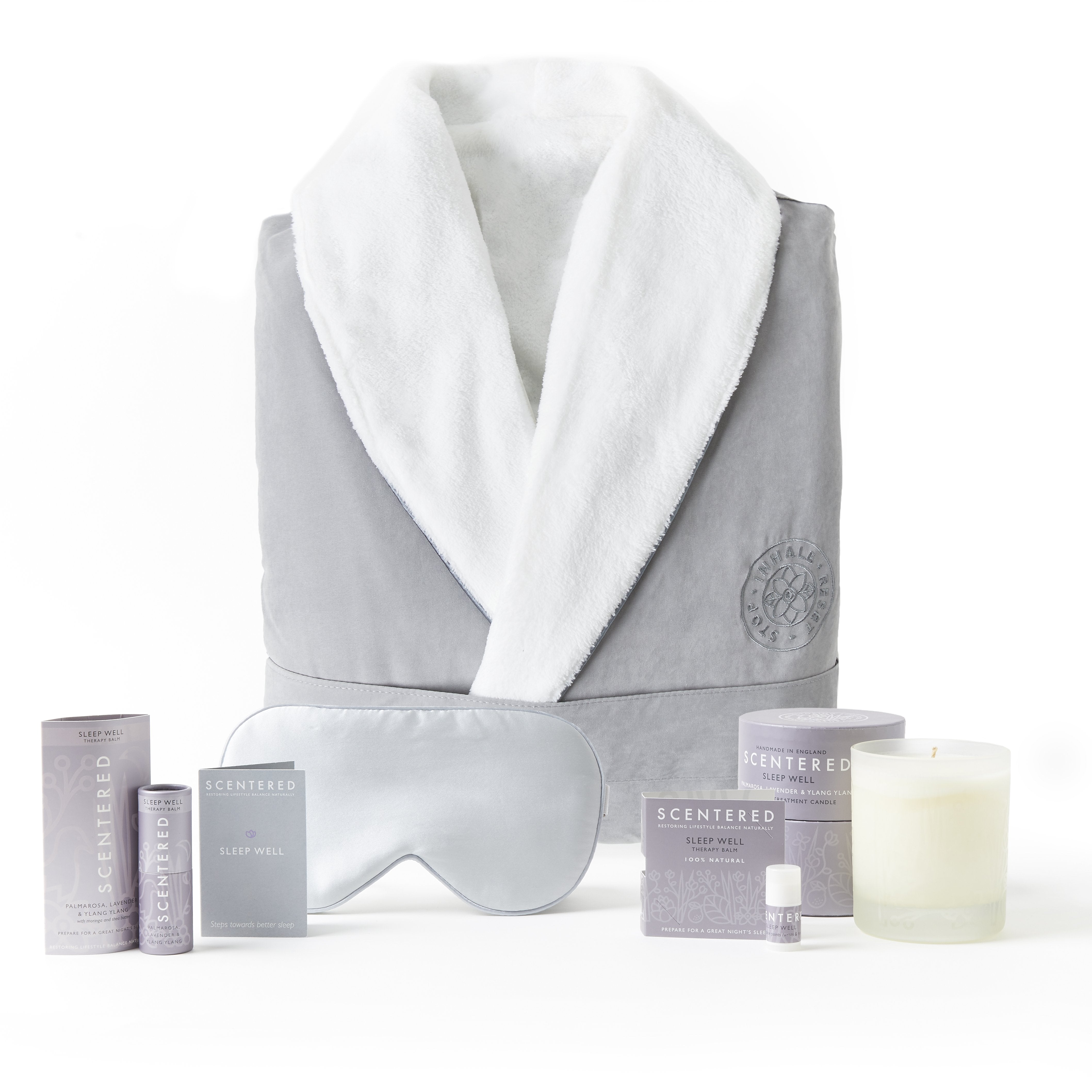 Sleep Well Ritual Set include Sleep Well Balm, Candle, pillow soft Eye Mask, and Bathrobe
