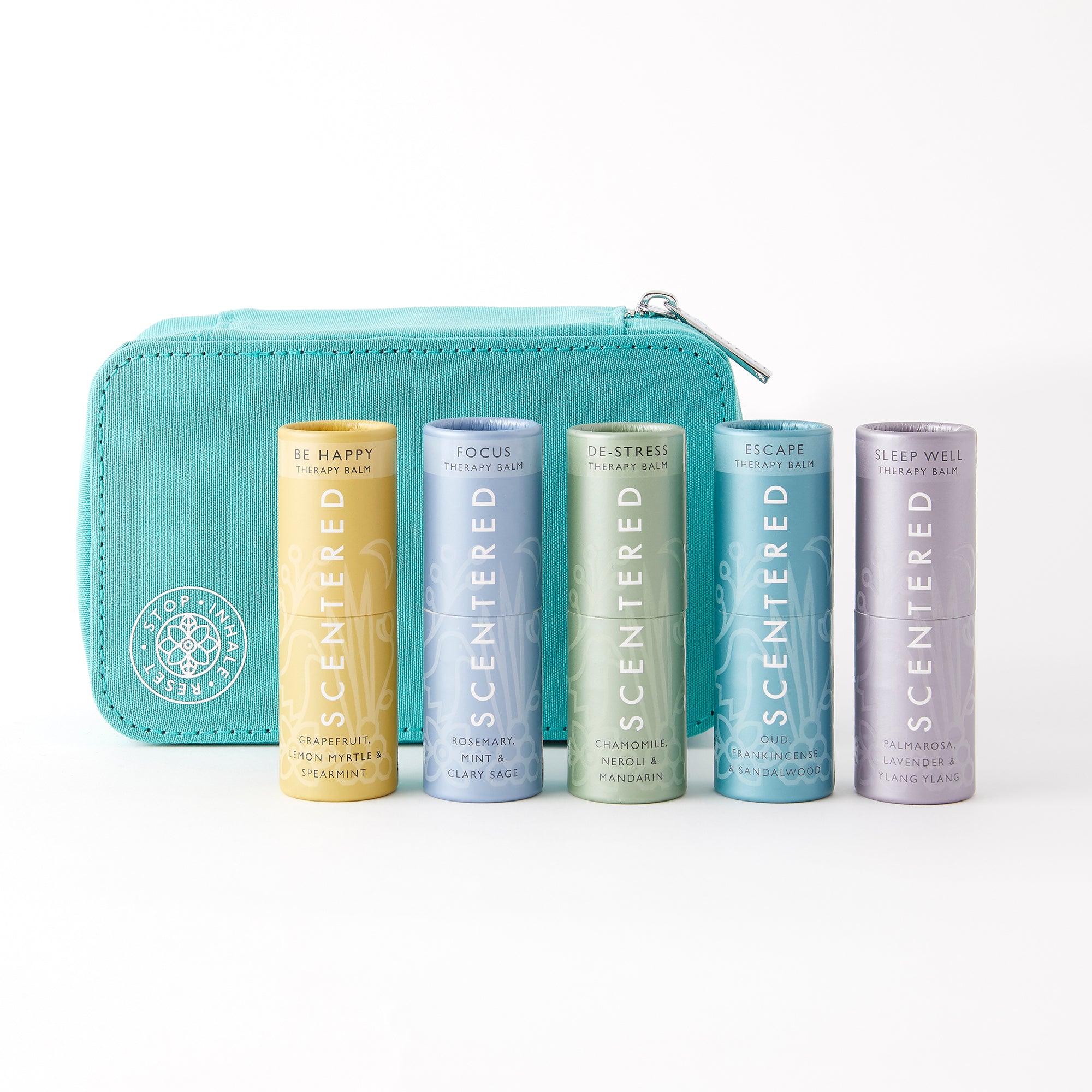 Scentered turquoise recycled ultimate balm pouch, zipped closed, with five Scentered aromatherapy balms in front: Happy, Focus, De-Stress, Escape, and Sleep Well, Mess-Free Balm Set in Recycled Water Bottle Pouch