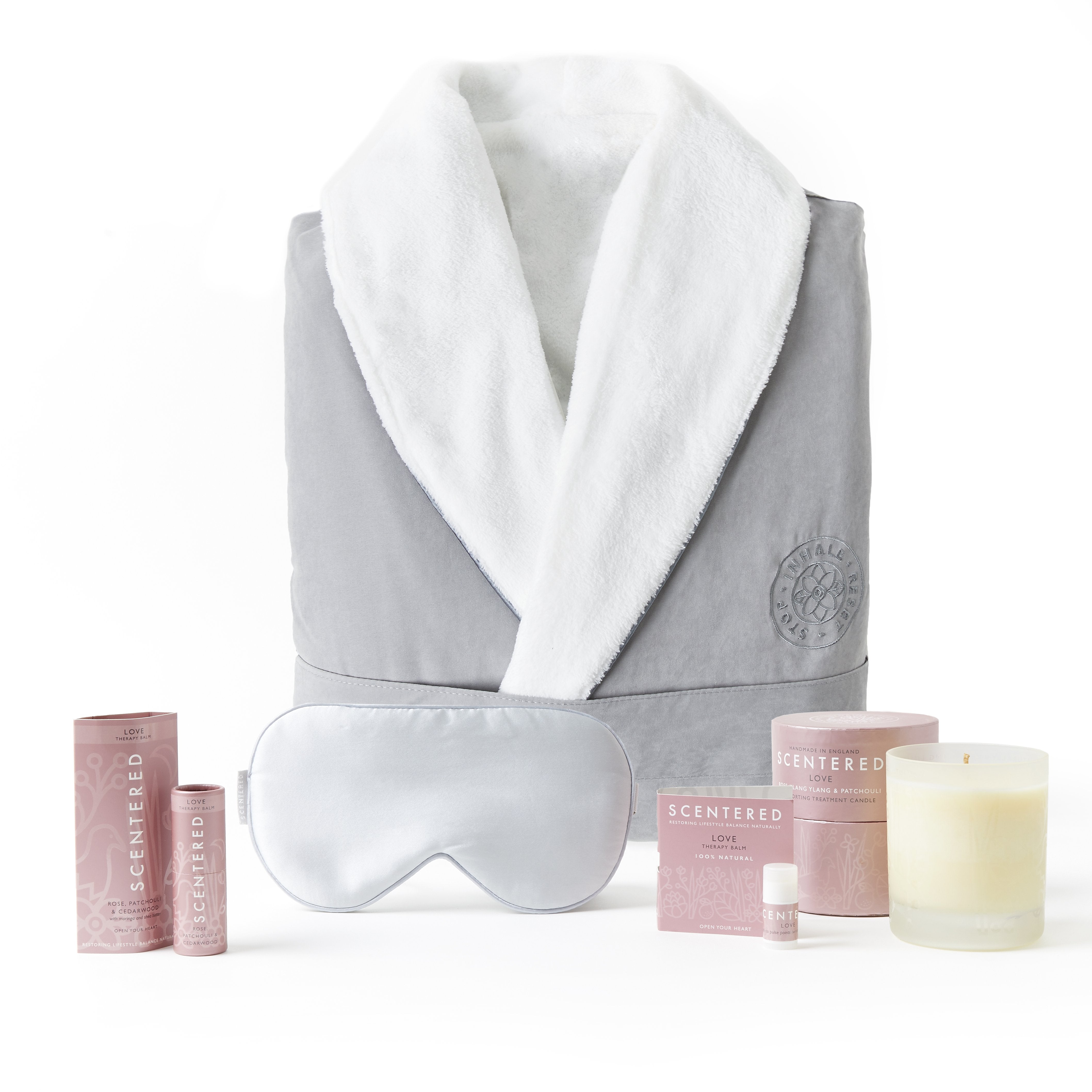 Self Care Recovery Set featuring a Love Aromatherapy Candle, luxury spa bathrobe, silk eye mask, and Love Aromatherapy Balm. Soft touch luxury spa bathrobe with a double layer of cozy cotton, perfect for relaxing and switching off.