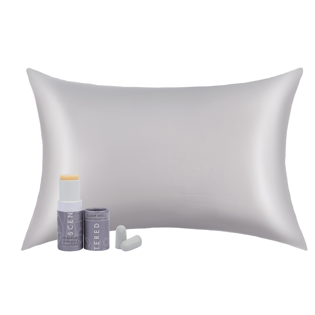 Ultimate Sleep Well Kit - Aromatherapy Balm, Silk Pillowcase & Ear Plugs. Experience the Perfect Night's Sleep with Sleep Well Balm & Silk Pillowcase prepare by Scentered.