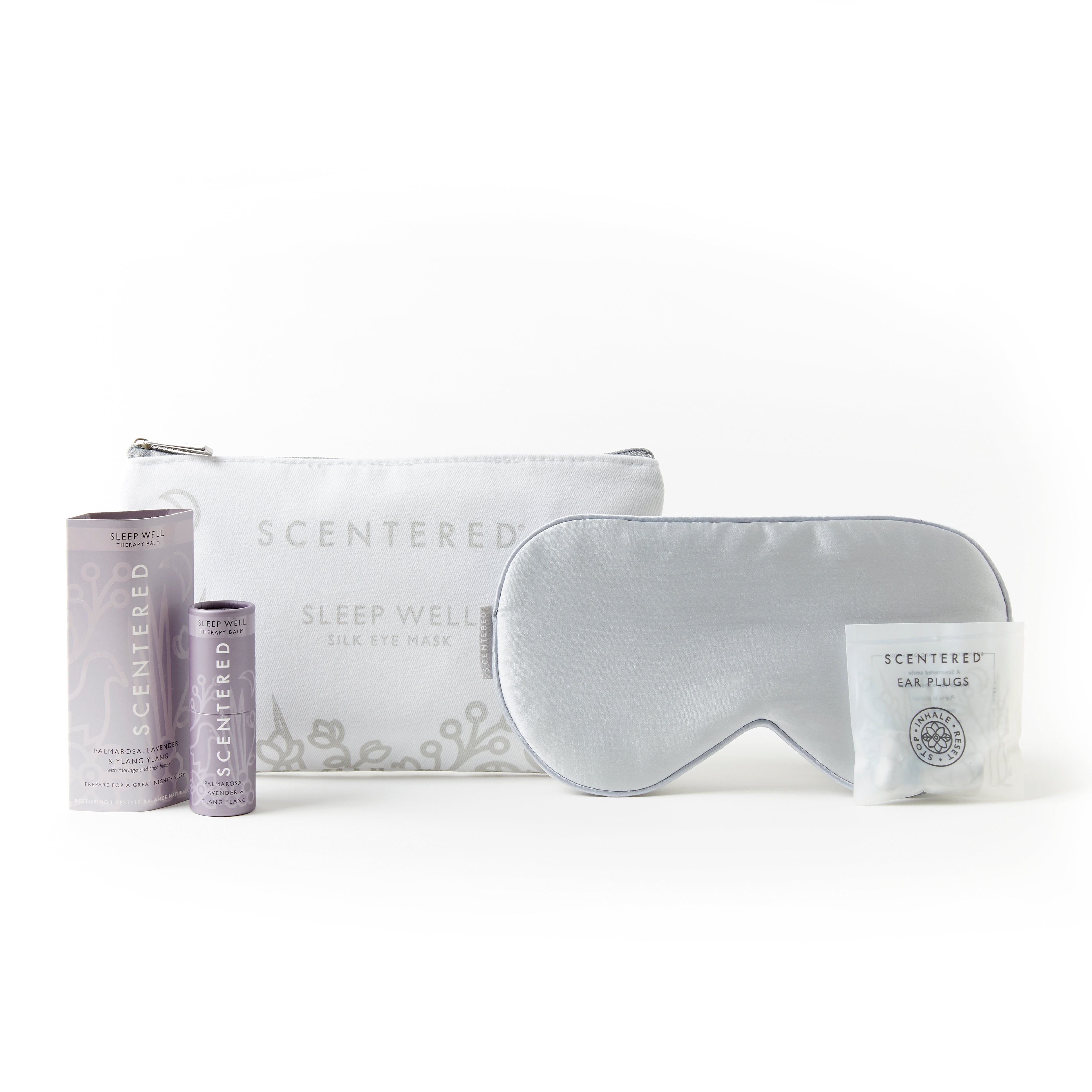 Travel-friendly Sleep Essentials Set with a silk eye mask, grey earplugs, and Sleep Well Balm for a perfect bedtime routine. Snooze away with the Sleep Essentials Set, the perfect combination of light-blocking, noise-reducing, and aromatherapy benefits