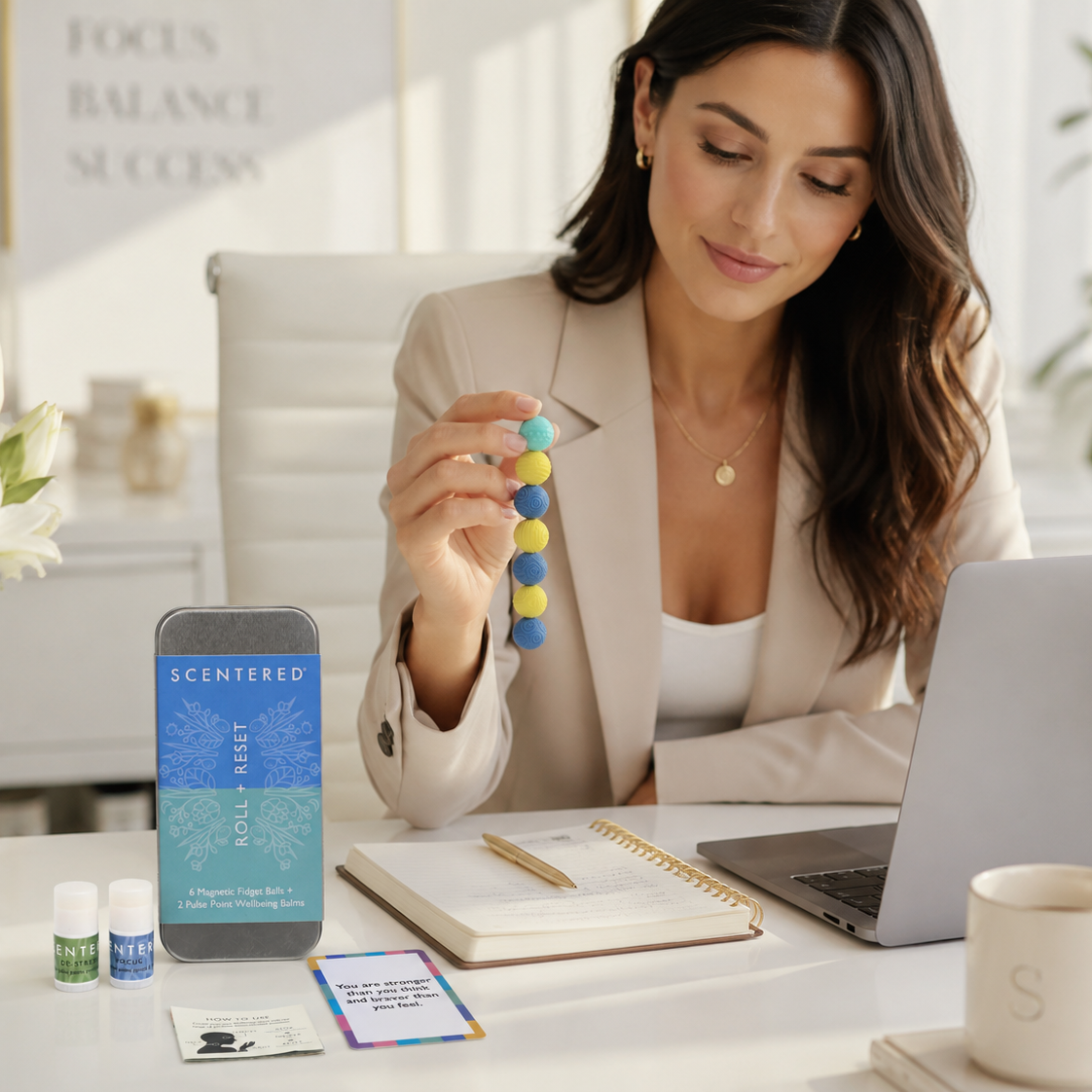 Desk wellness kit, work stress relief tools, aromatherapy balm for focus, magnetic fidget balls for adults, office self-care set, remote worker calm kit, desk stress relief toys, Scentered Roll + Reset, focus and calm at work, and portable office mindfulness.