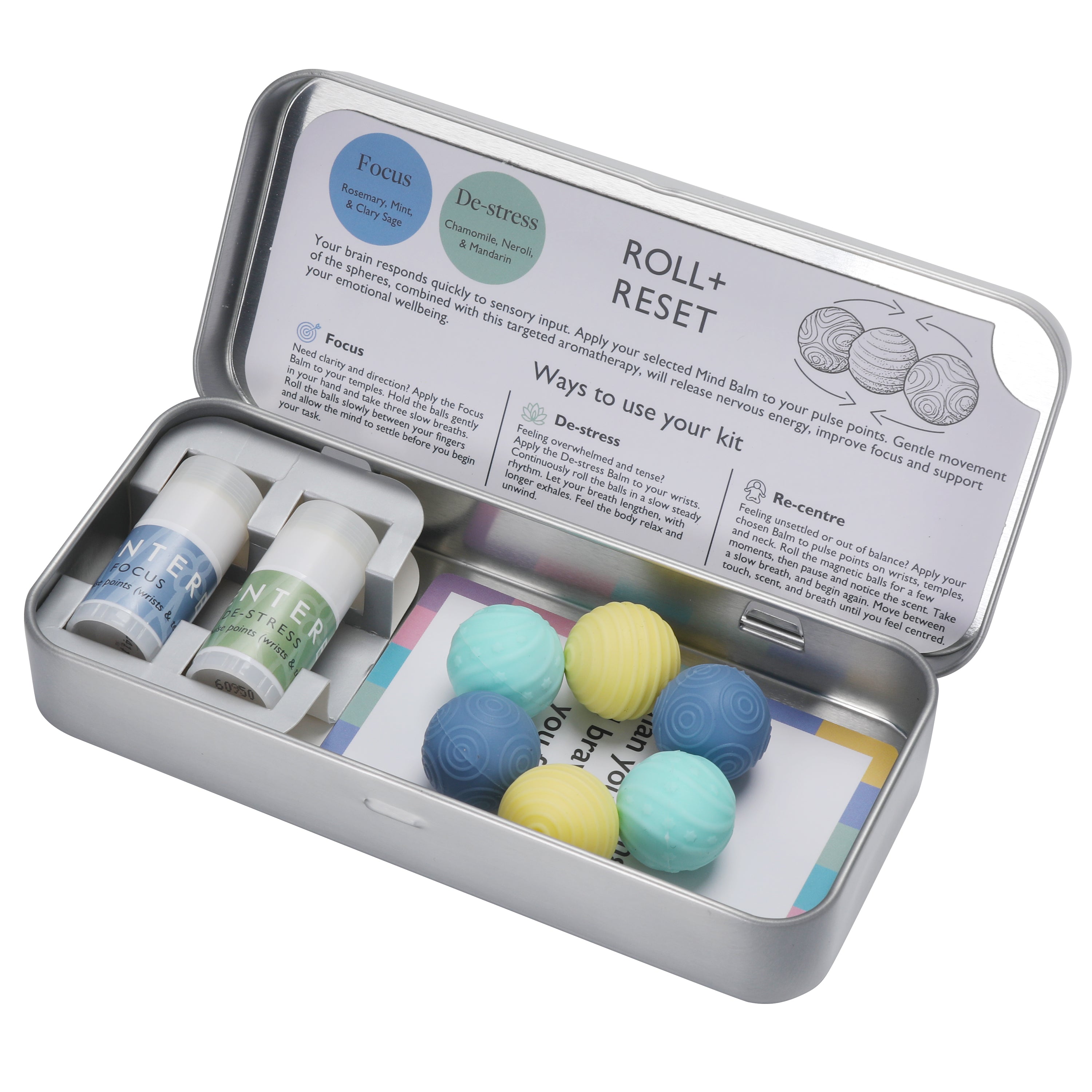 Aromatherapy balms + magnetic fidget balls. Compact tin for work, travel, or home. Your go-to reset tool for busy days.