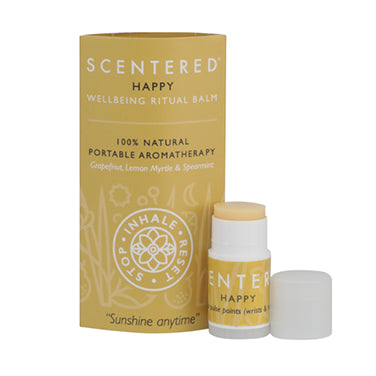 Scentered's Happy Aromatherapy Balm, an uplifting citrus-infused balm designed to boost happiness and energy