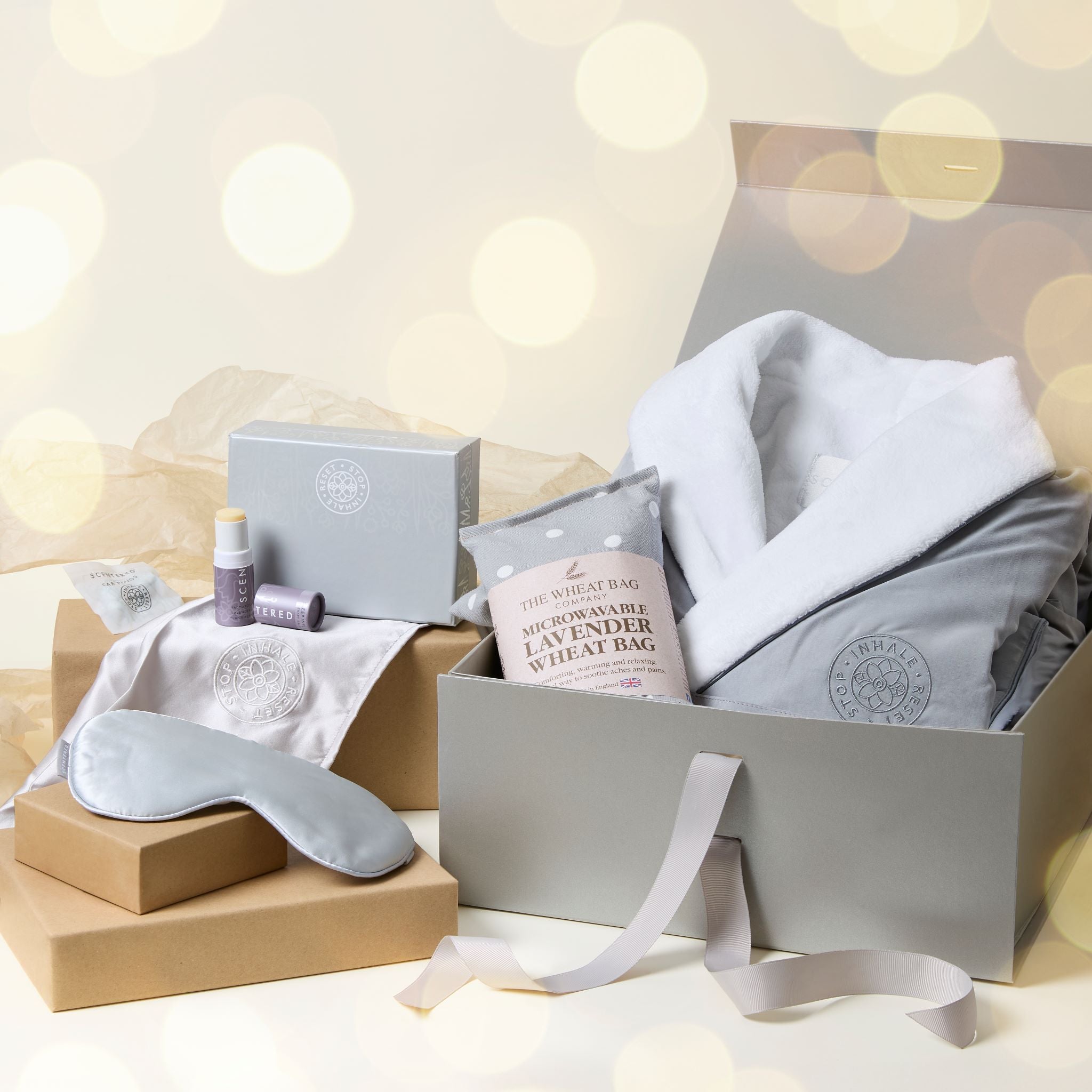 Our luxurious spa bathrobe is designed with a double layer of the absolute softest microfiber and a cosy, combed plush feel cotton terry lining. silk eye mask soft on the skin, help prevent aging around the eye area. This versatile and eco-friendly wheat bag can be used hot or cold, a must-have addition to your wellness routine. Sleep balm for restful nights - Calm your mind and body with our essential oil sleep balm designed for deep, peaceful sleep.