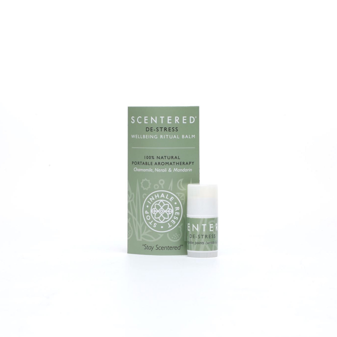 Scentered's De-Stress Aromatherapy Balm, a natural essential oil blend designed to alleviate stress and promote calmness