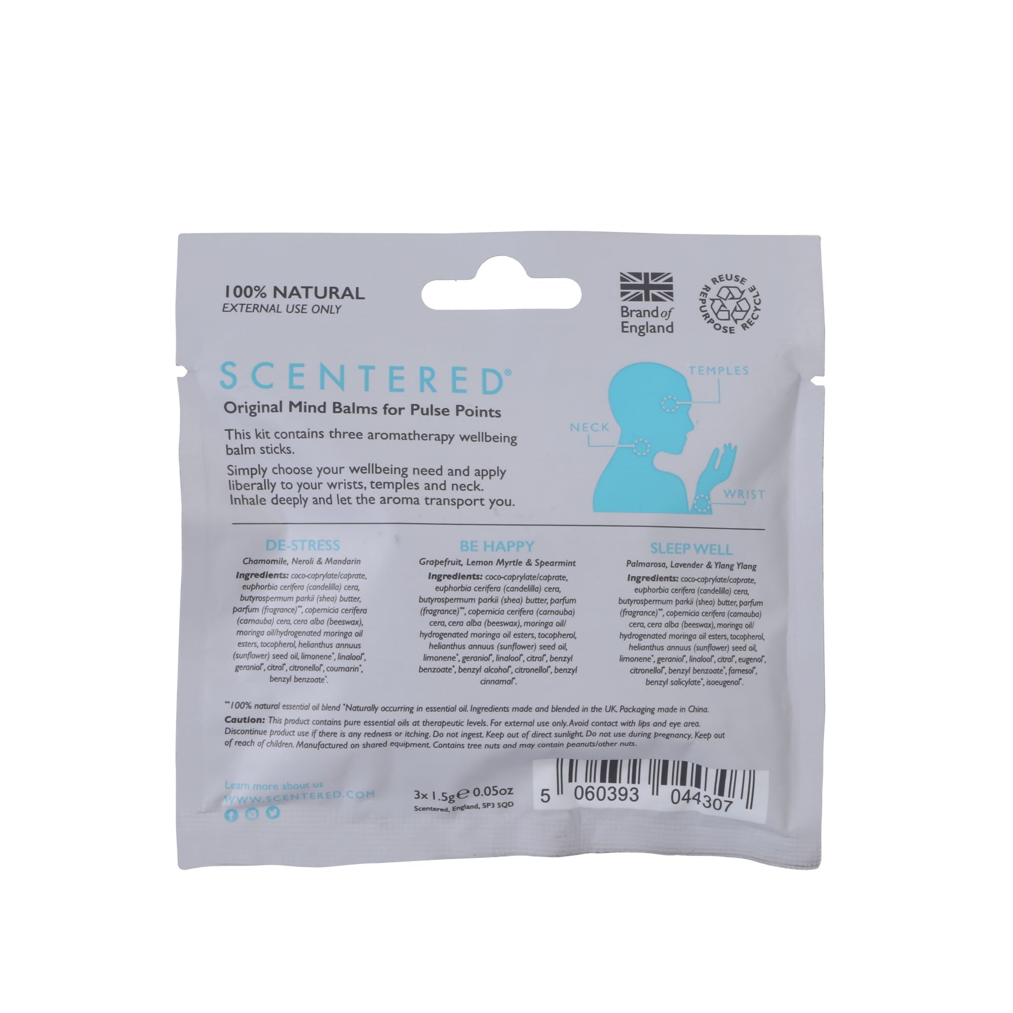 This kit contains three aromatherapy wellbeing balm sticks. Simply choose your wellbeing need and applyliberally to your wrists,temples and neckInhale deeply and let the aroma transport you.