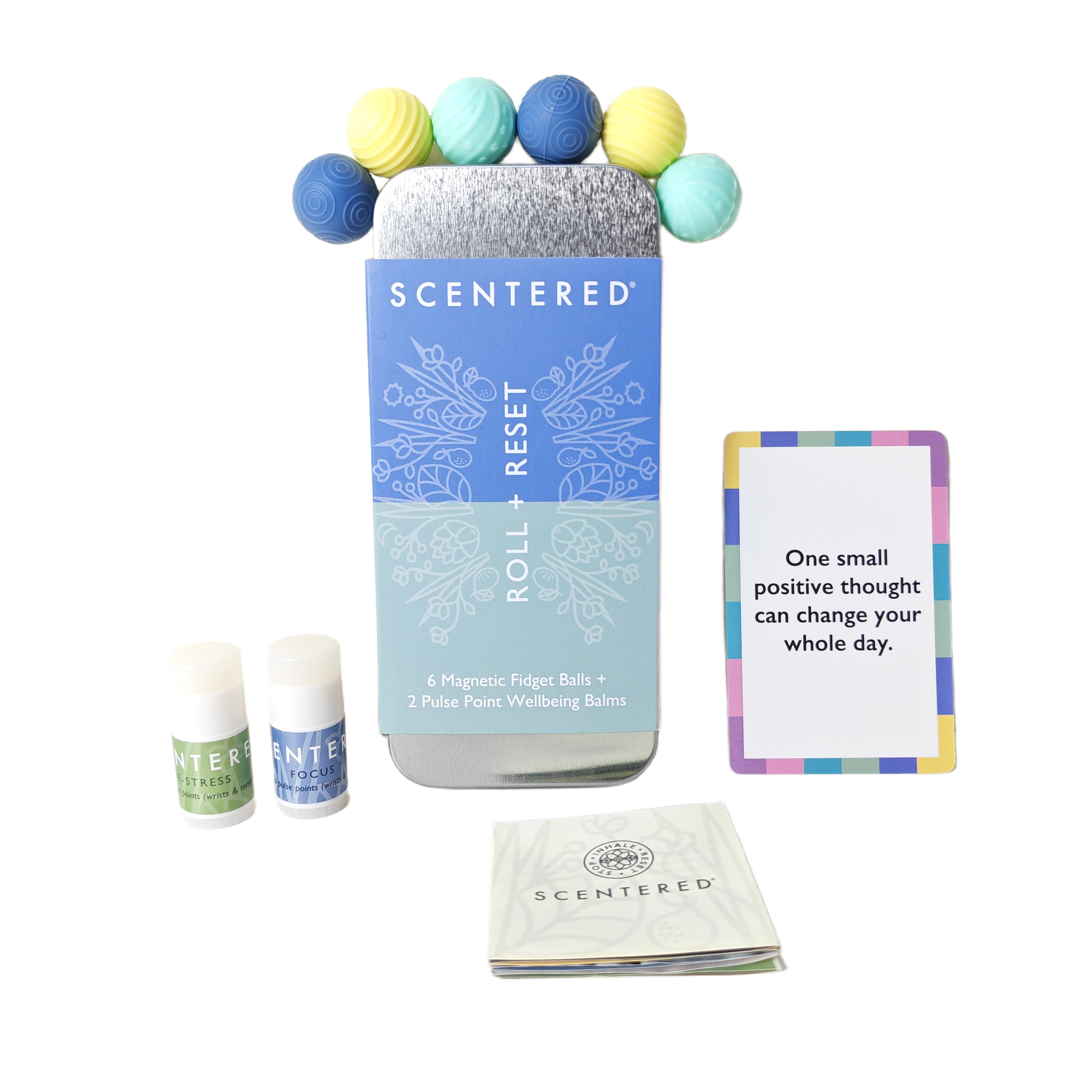 Daily wellness kit, aromatherapy balm set, magnetic fidget balls, focus & stress relief, portable self-care kit, sensory calm toys, mindfulness gift set, desk wellness essentials, travel anxiety relief, and Scentered Roll & Reset.