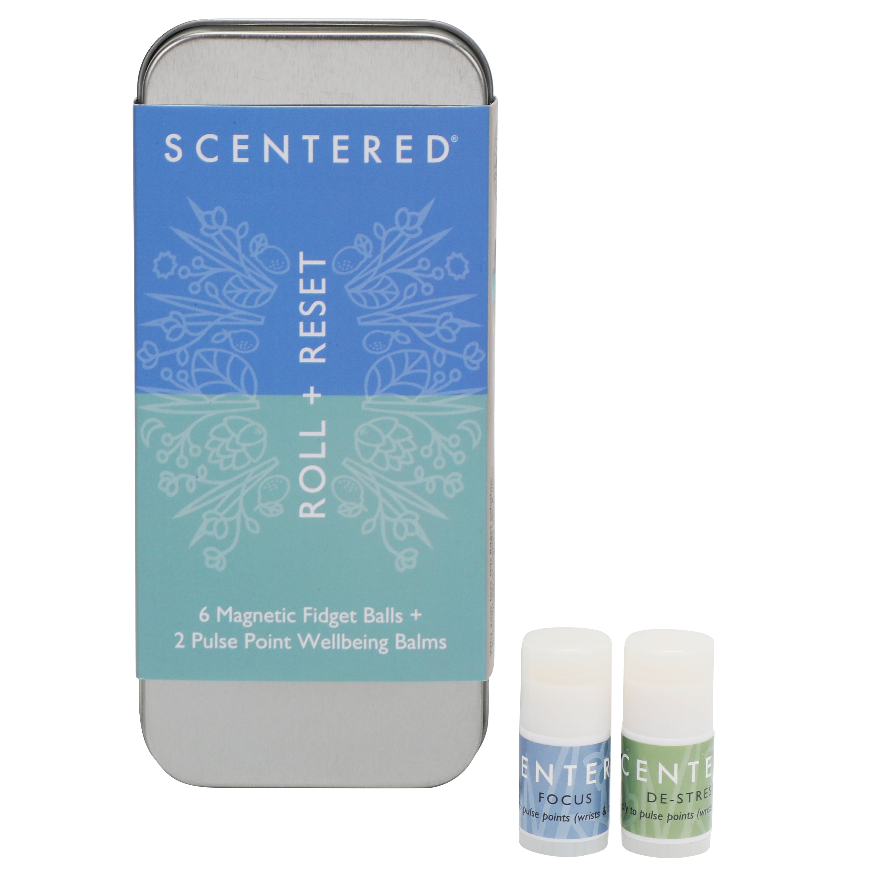 Your on-the-go calm & focus ritual: Scentered Focus/De-Stress aromatherapy balms + magnetic fidget balls, compact and reusable for everyday self-care.