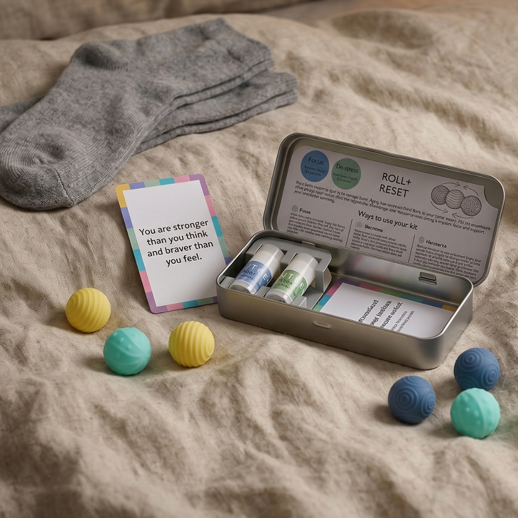 Travel wellness kit, portable stress relief set, aromatherapy balm for travel, magnetic fidget balls, travel anxiety relief, TSA-friendly self-care, bedtime calm kit, on-the-go mindfulness, Scentered Roll + Reset, compact self-care tin