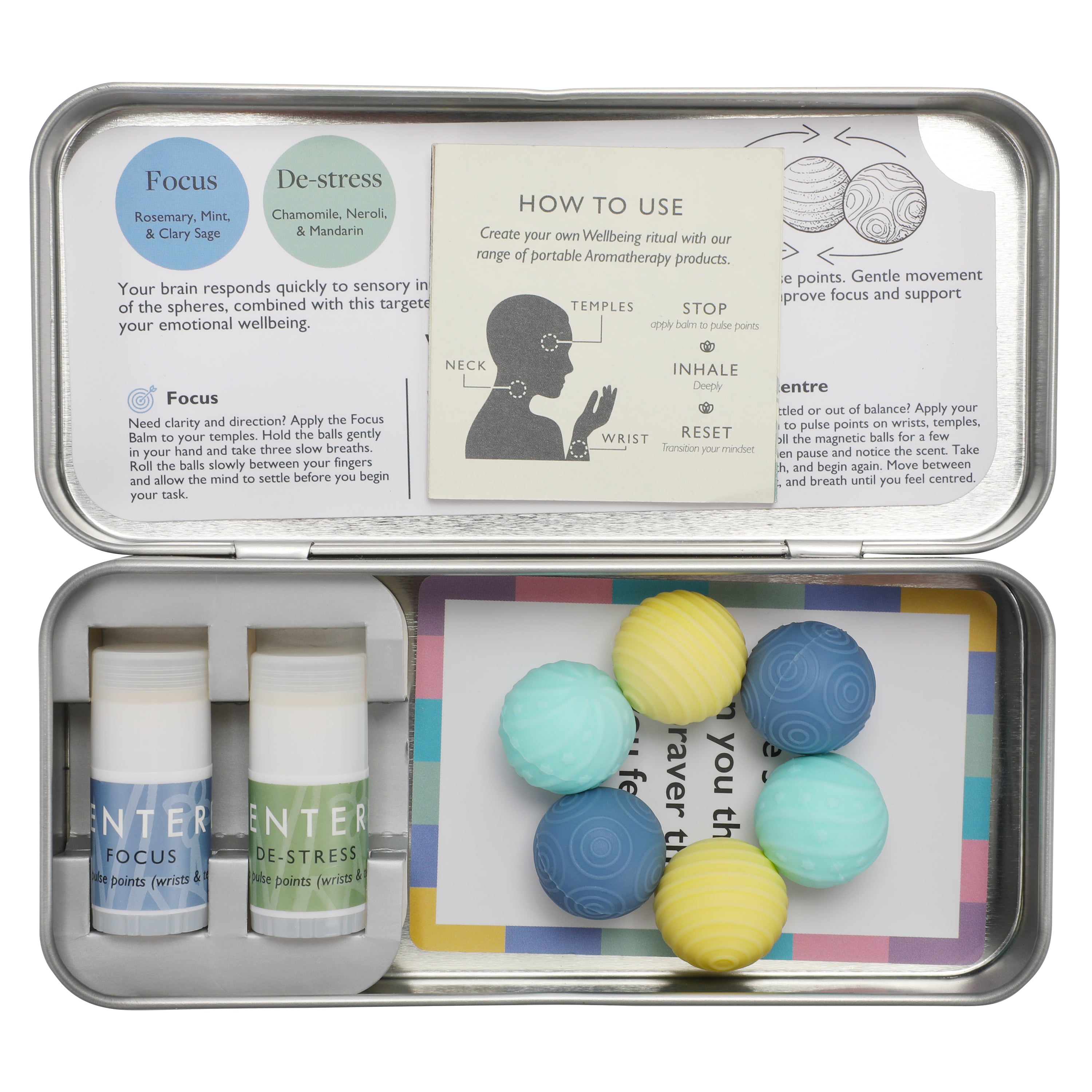 Your on-the-go calm & focus ritual: Focus/De-Stress aromatherapy balms + magnetic fidget balls, with guided usage for everyday mindfulness. Compact, reusable, and perfect for work, study, or travel.