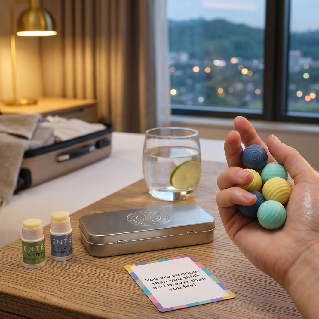 Pocket-sized aromatherapy & sensory fidget balls to ease travel anxiety, boost focus, and bring calm to your hotel stays. Perfect for busy trips and self-care moments.