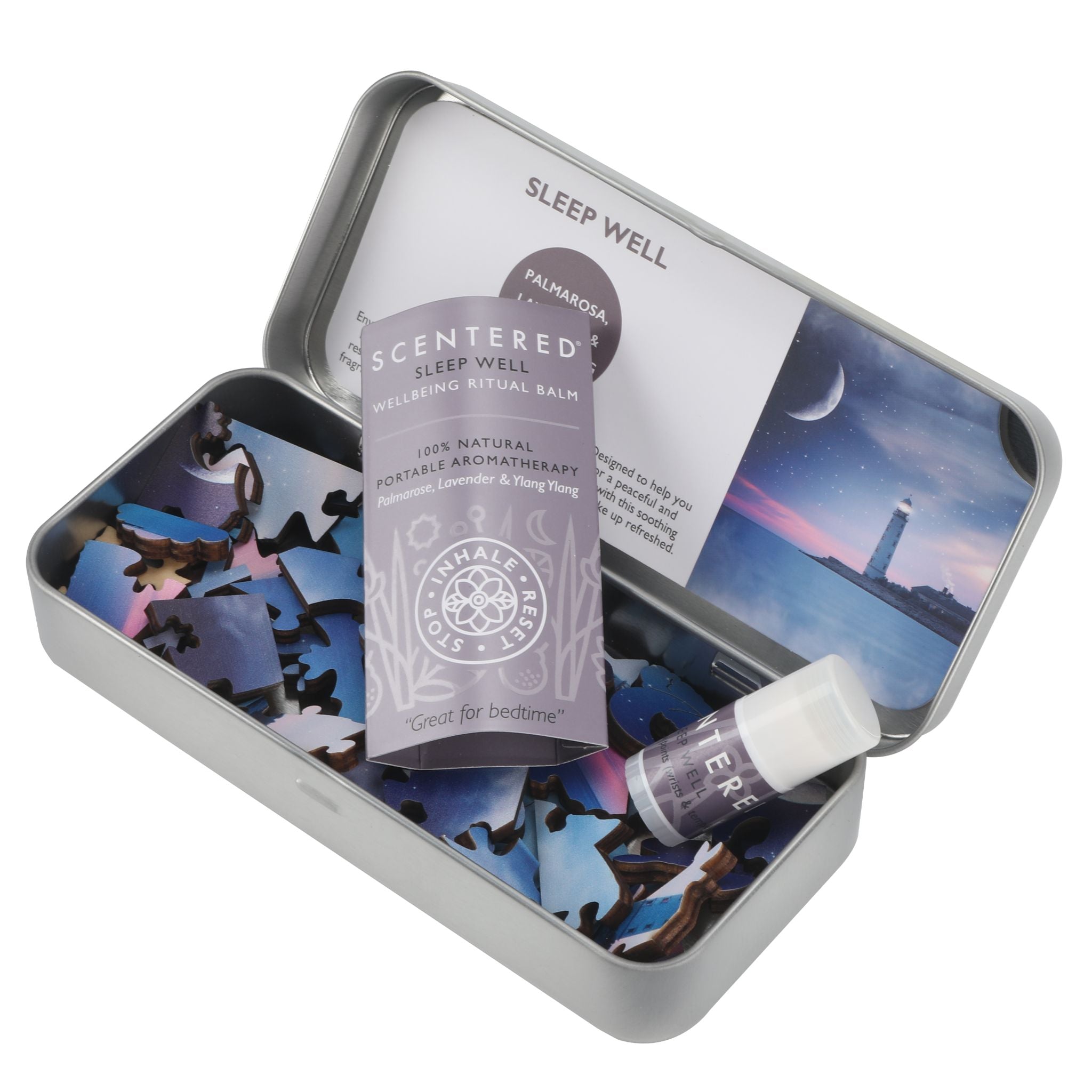 Scentered Sleep Well mini balm in a metal reusable tin with a Jigsaw puzzle lighthouse design