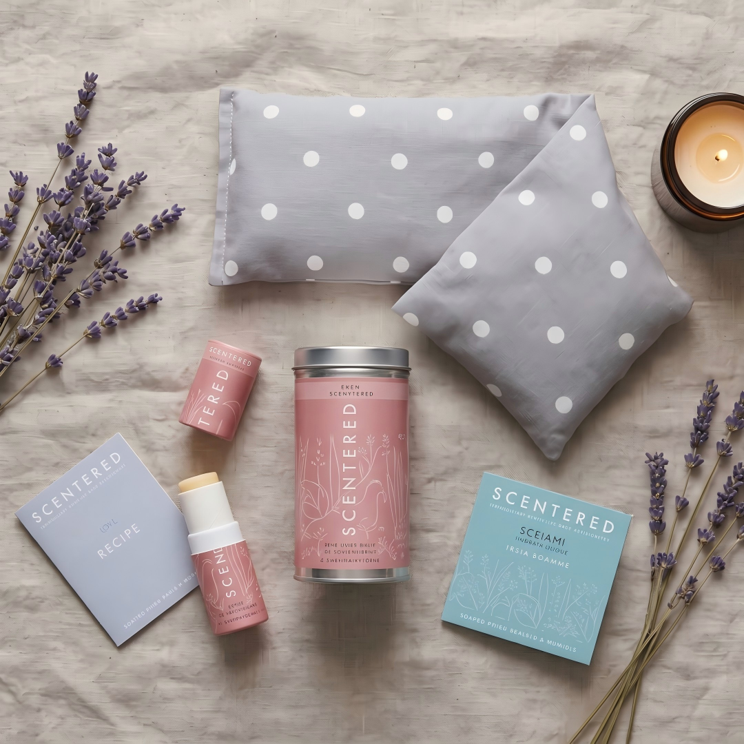 Self-care relaxation gift set with Scentered Love Balm, Escape Mini Balm and microwavable wheaty bag.