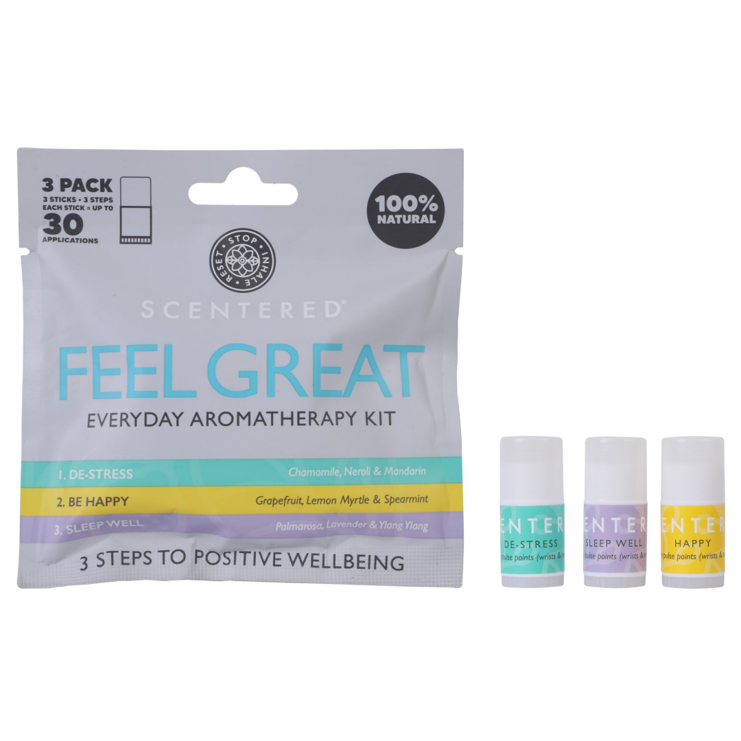 A 3-pack of Scentered's "Feel Great" Everyday Aromatherapy Balm Kit. 