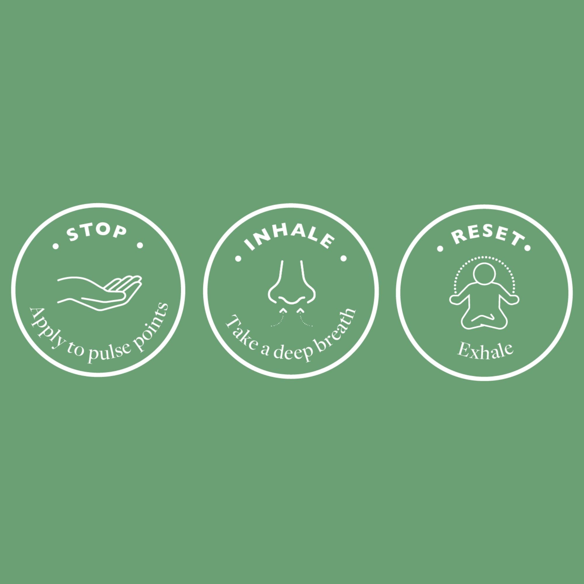 Three white icons with text on a green background