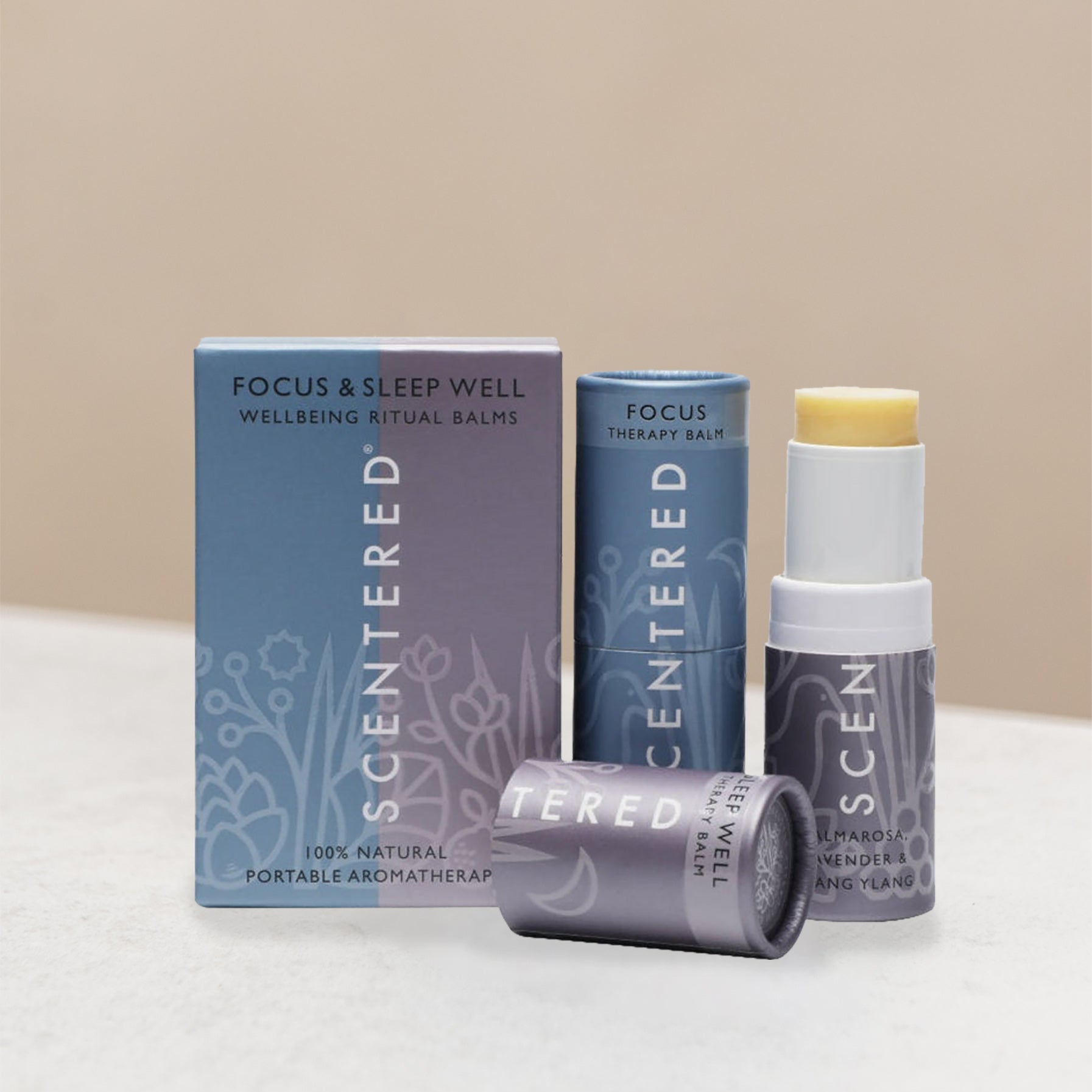 Scentered focus & sleep well balms and packaging on display