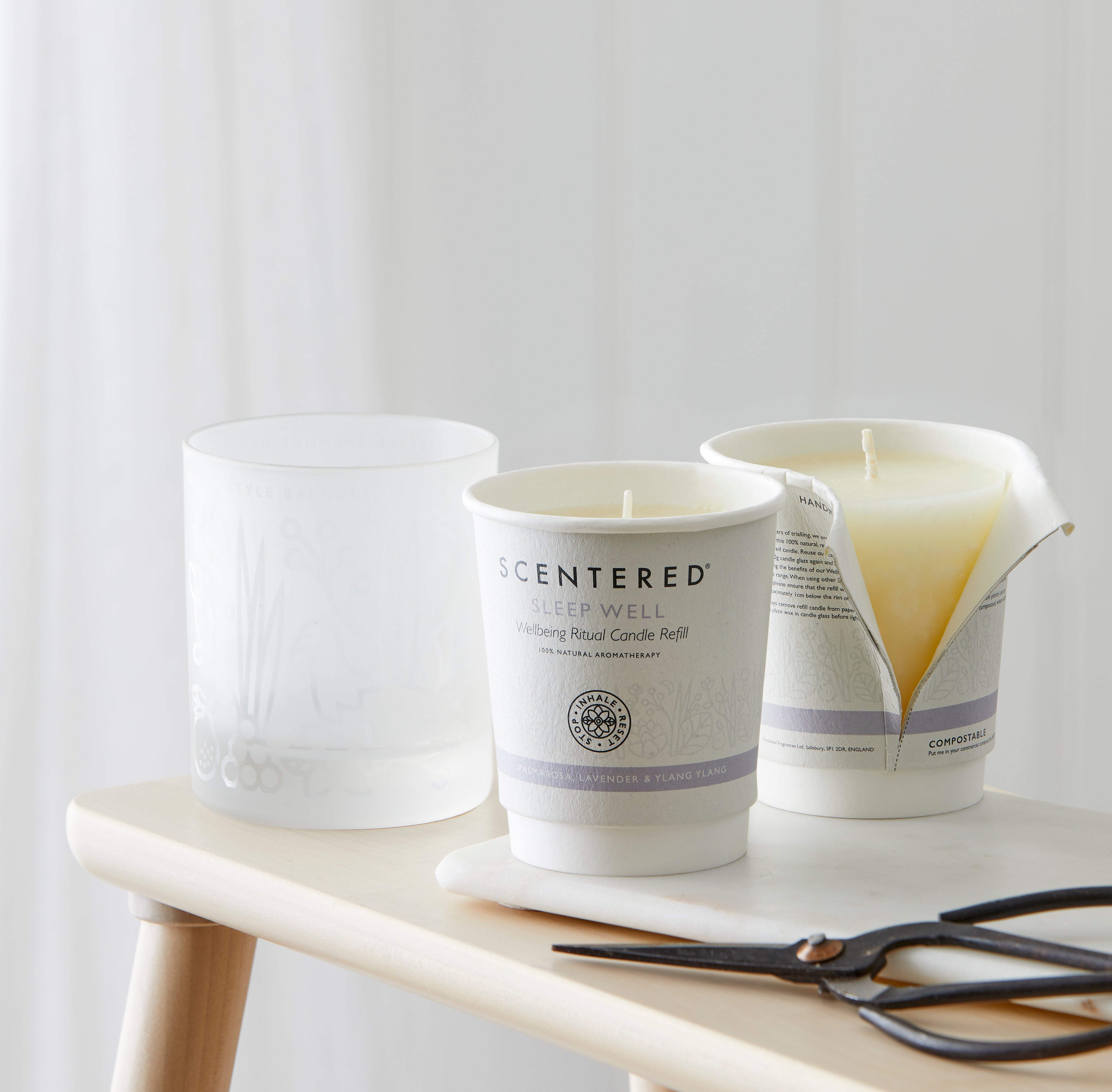 Vegan-friendly Sleep Well candle made with natural wax and essential oils to promote restful sleep and wellness at home. Refill candles are available for green planet. 