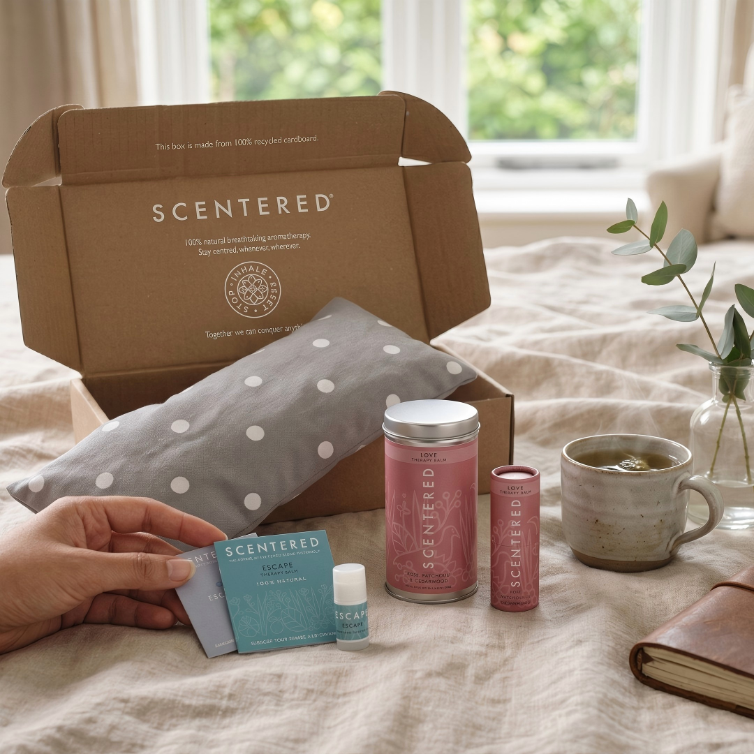 Scentered Love Relaxation Set featuring aromatherapy balms and a warming wheaty bag for relaxation and wellbeing.