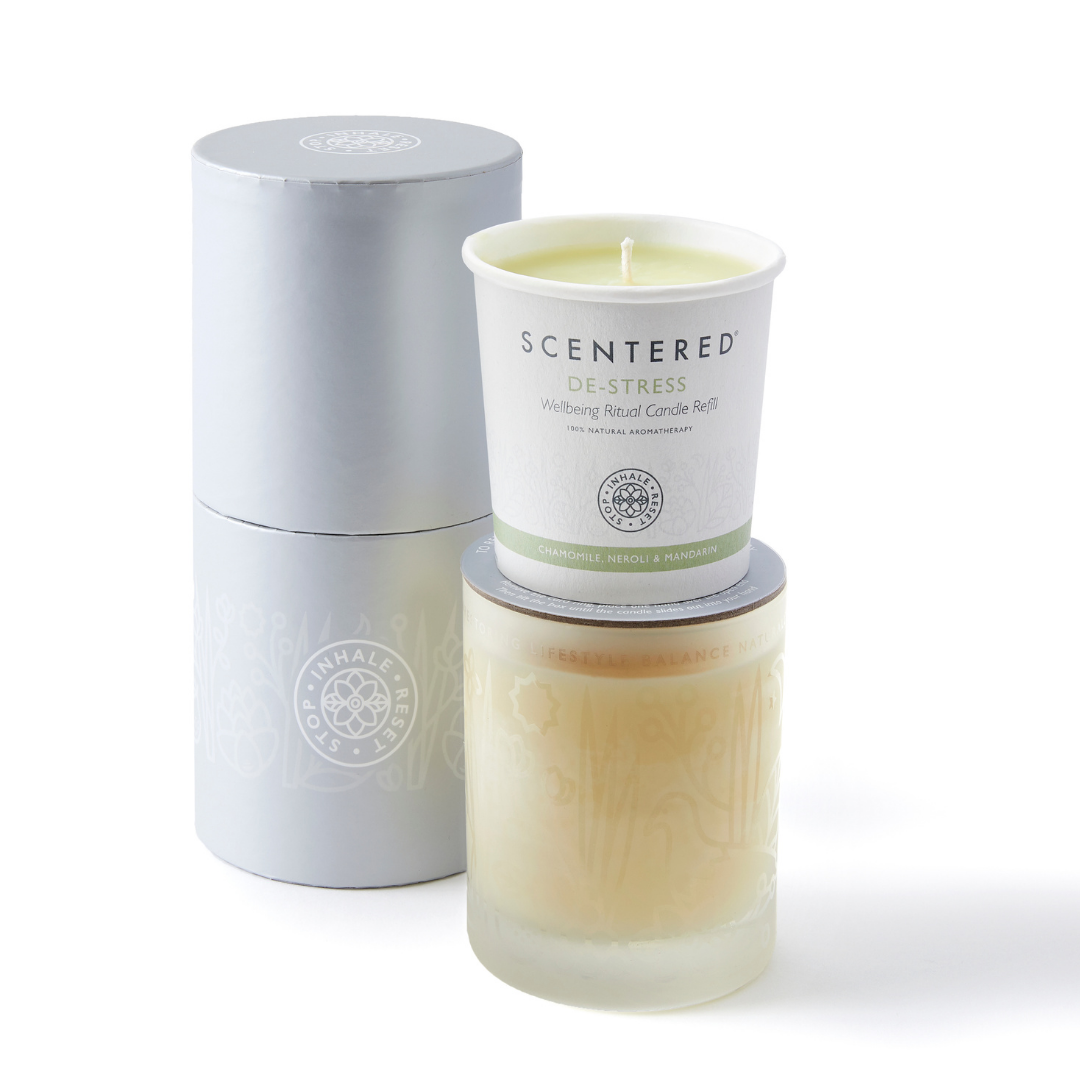 De-stress Home Candle & Refill with contents on white background. Stress Relief Candle - Specially Formulated for Relaxation and Calmness