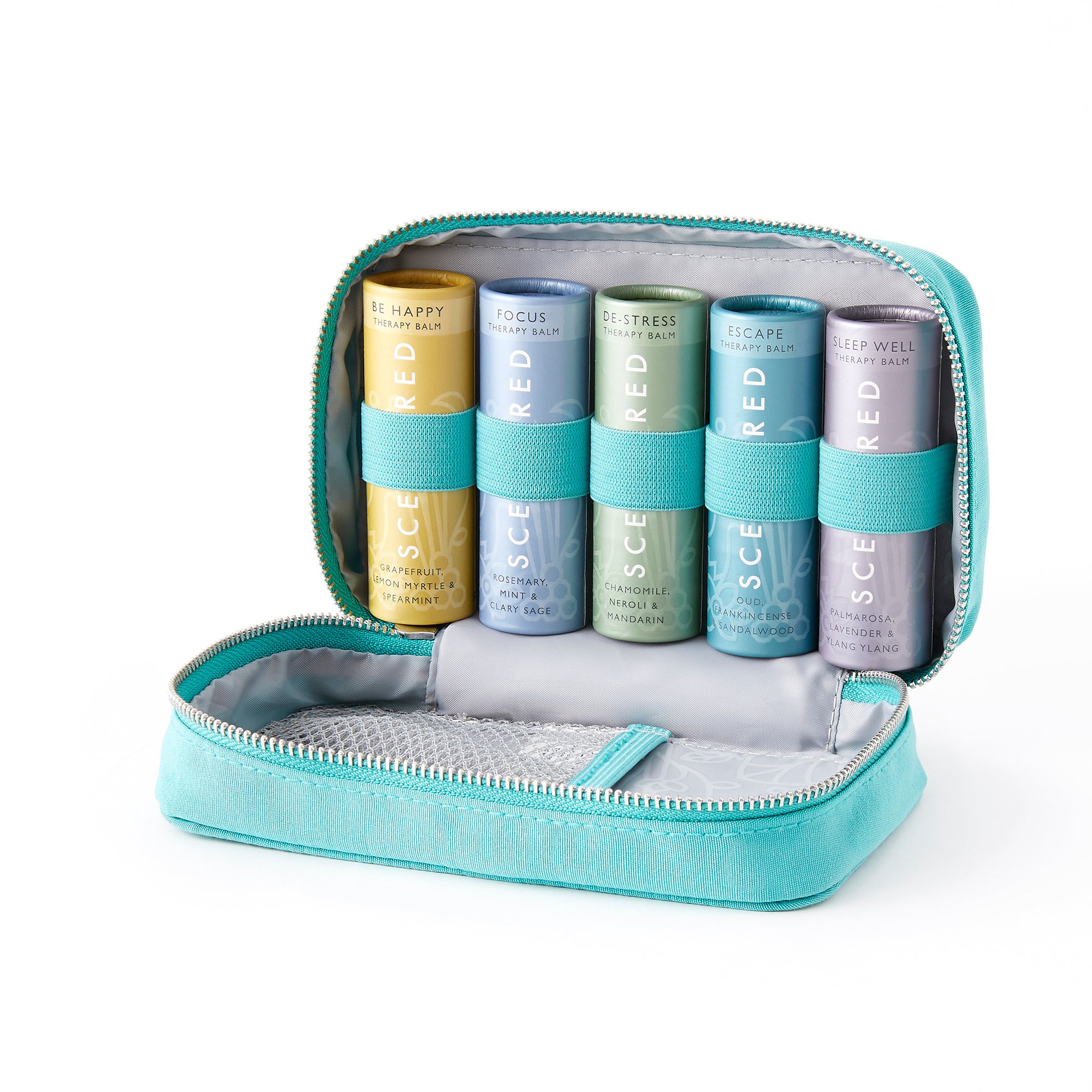 Scentered turquoise recycled ultimate balm pouch, zipped open with five Scentered aromatherapy balms inside: Happy, Focus, De-Stress, Escape, and Sleep Well. Ultimate Balm Set for Portability and Ease - Perfect Gift or First Aid Kit