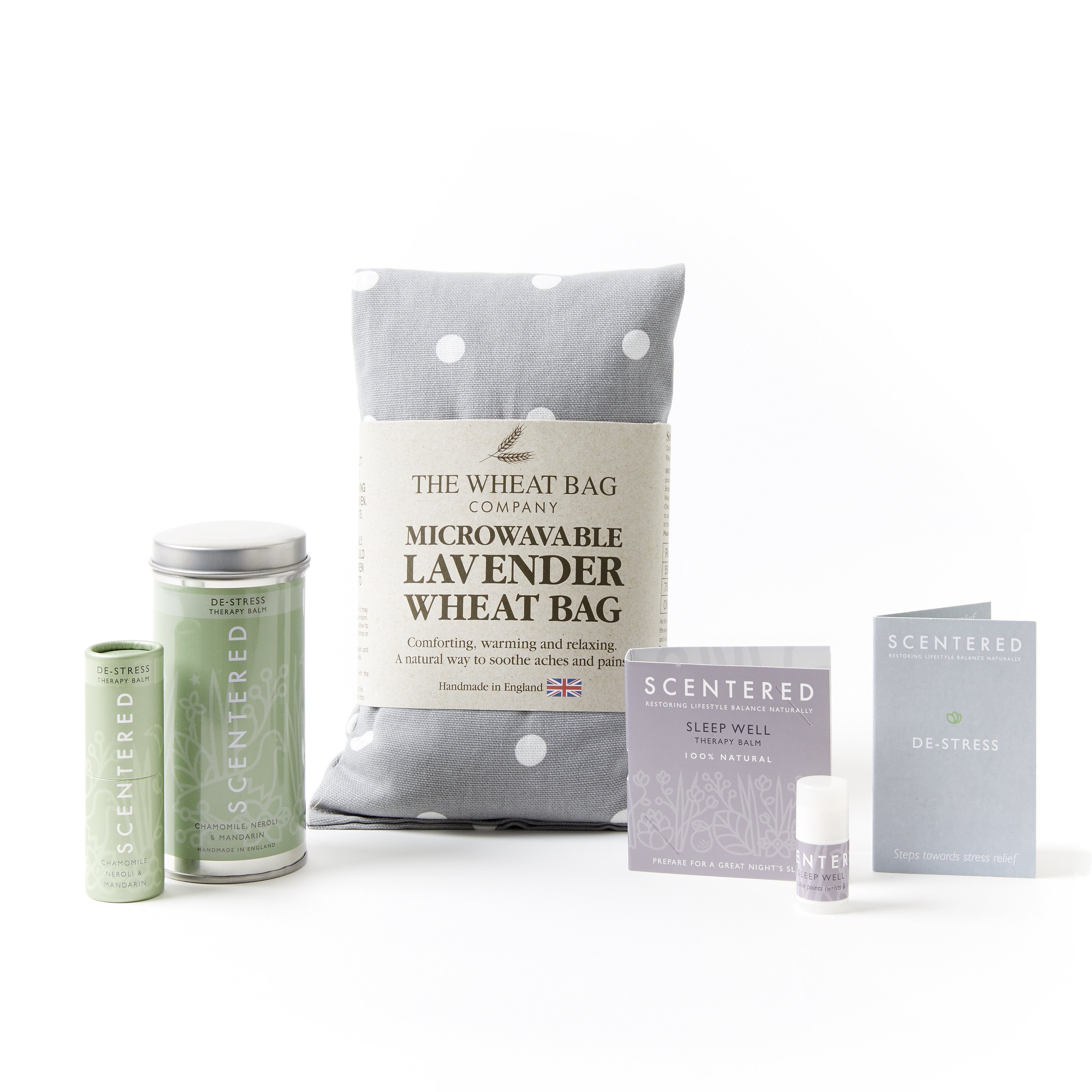 Scentered De-stress Relaxation Set including De-stress Balm, Wheat bag and Sleep Well mini balm. Relax naturally with our essential oil balm, designed to help you feel calm and at ease.