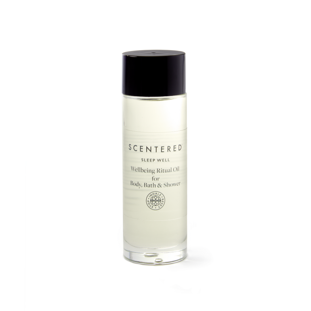 Sleep Well Oil for Body, Bath & Shower glass bottle, hydrating sleep well oil with jojoba safflower, with a perfect natural blended scent. 