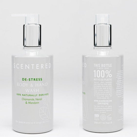 Front and side of De-stress Wash recycled plastic bottle on white background. Calming Body Wash and Nourishing Lotion Set for a Relaxing Day.