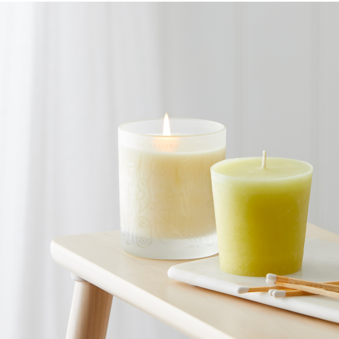 De-stress Home Candle alit featuring unlit De-stress refill candle. Therapeutic Candle for Unwinding and Relaxation.