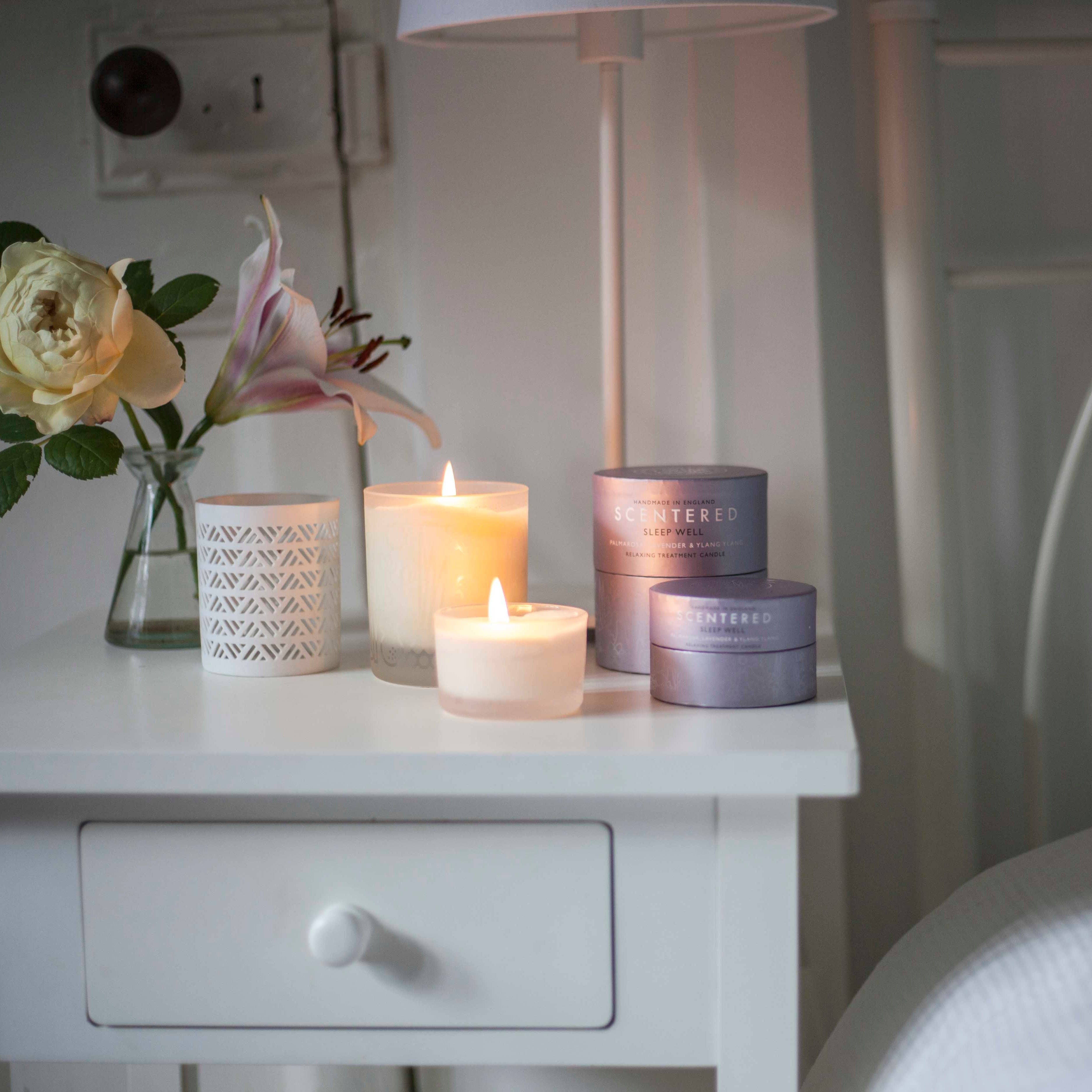 Hand-poured Sleep Well candle infused with essential oils, offering an aromatherapy experience to help you drift off into sleep.